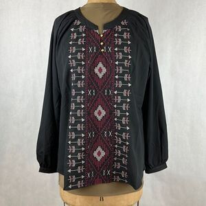 NWT Cruel Denim Blouse Ladies Sz L Black Embroidered Southwest Tie Back Lightwei